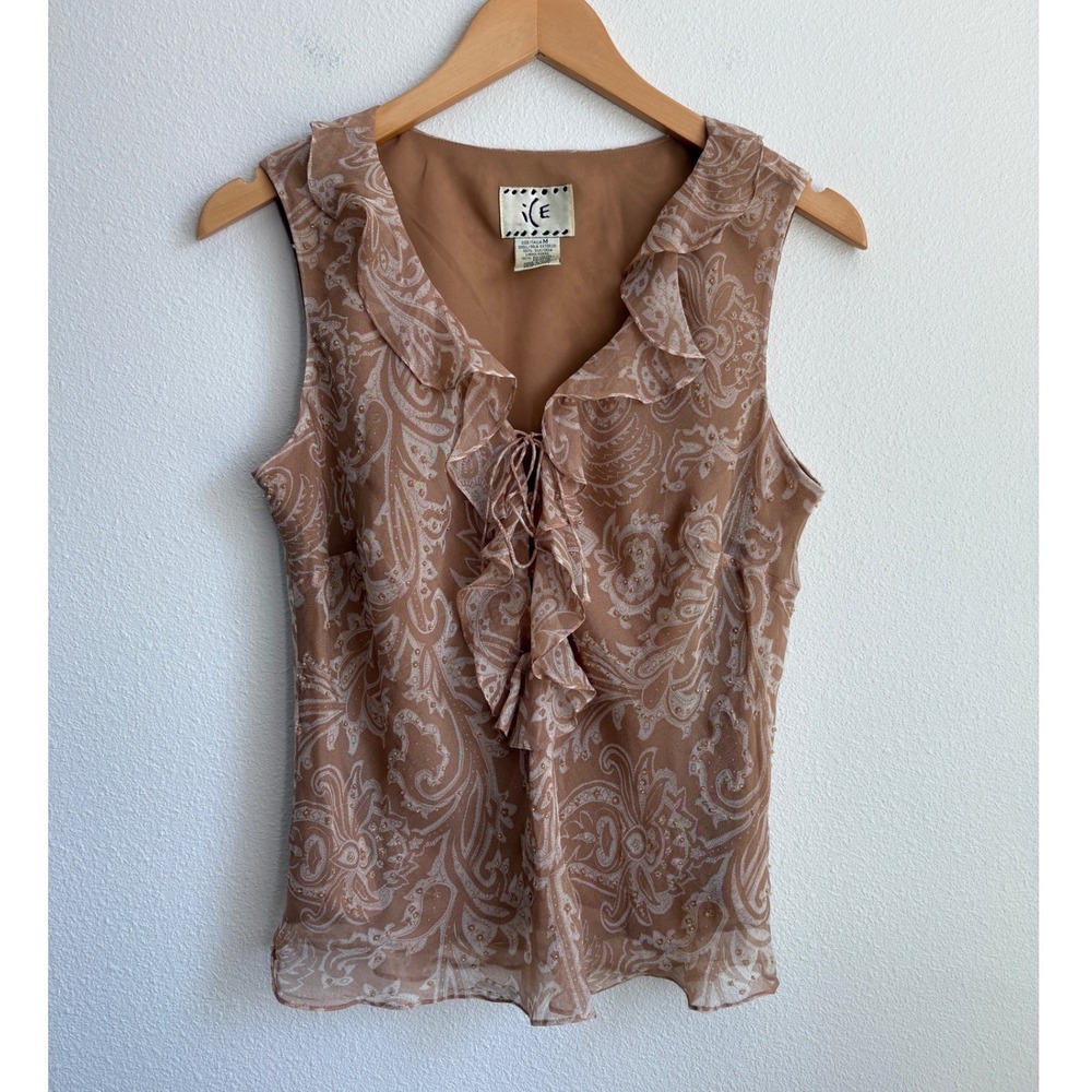ICE Womens Silk Paisley Beaded Ruffle Tie Front Sleeveless Blouse Tan Cream M - Picture 1 of 5